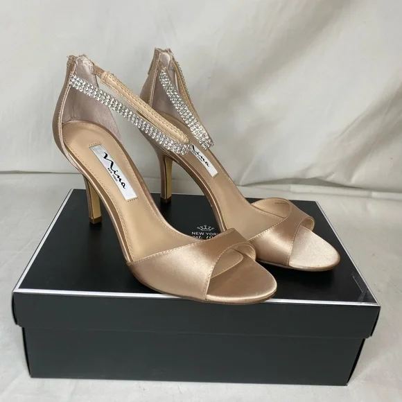Women Nina Champagne Crystal Satin Ankle Strap High Heel Sandal 7.5M - Picture 2 of 9